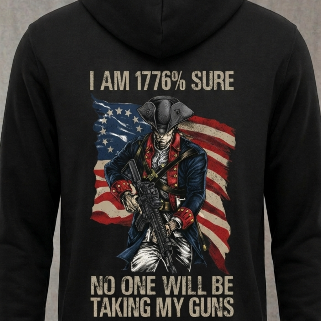 1776% Sure distressed graphic unisex hoodie in black — distressed patriotic firearms graphic — Reborn XII