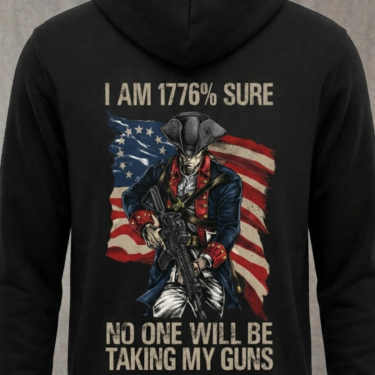 1776% Sure distressed graphic unisex hoodie in black — distressed patriotic firearms graphic — Reborn XII