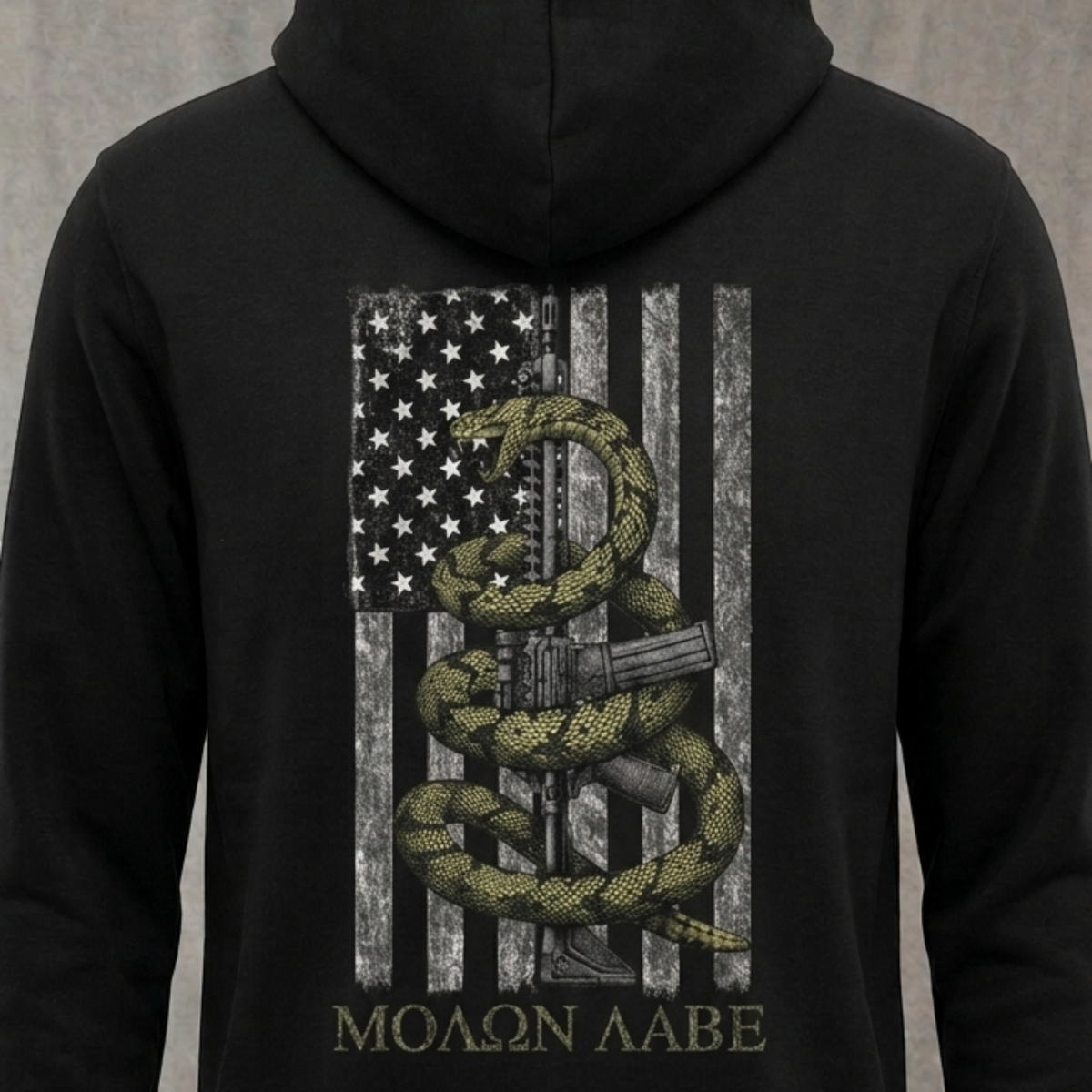 Gadsden Snake distressed graphic unisex hoodie in black — distressed patriotic firearms graphic — Reborn XII