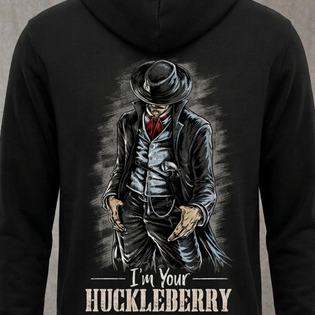 I'm Your Huckleberry distressed graphic unisex hoodie in black — distressed Western cowboy graphic — Reborn XII