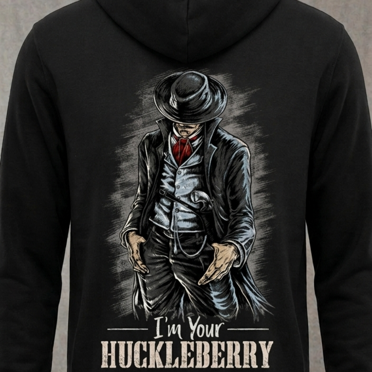 I'm Your Huckleberry distressed graphic unisex hoodie in black — distressed Western cowboy graphic — Reborn XII