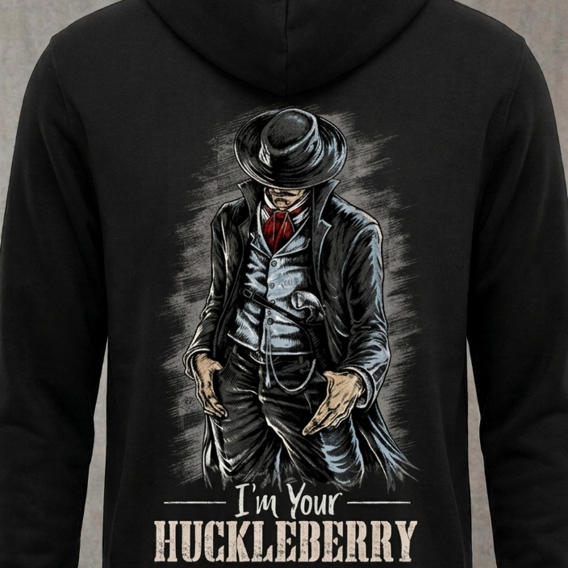 I'm Your Huckleberry distressed graphic unisex hoodie in black — distressed Western cowboy graphic — Reborn XII