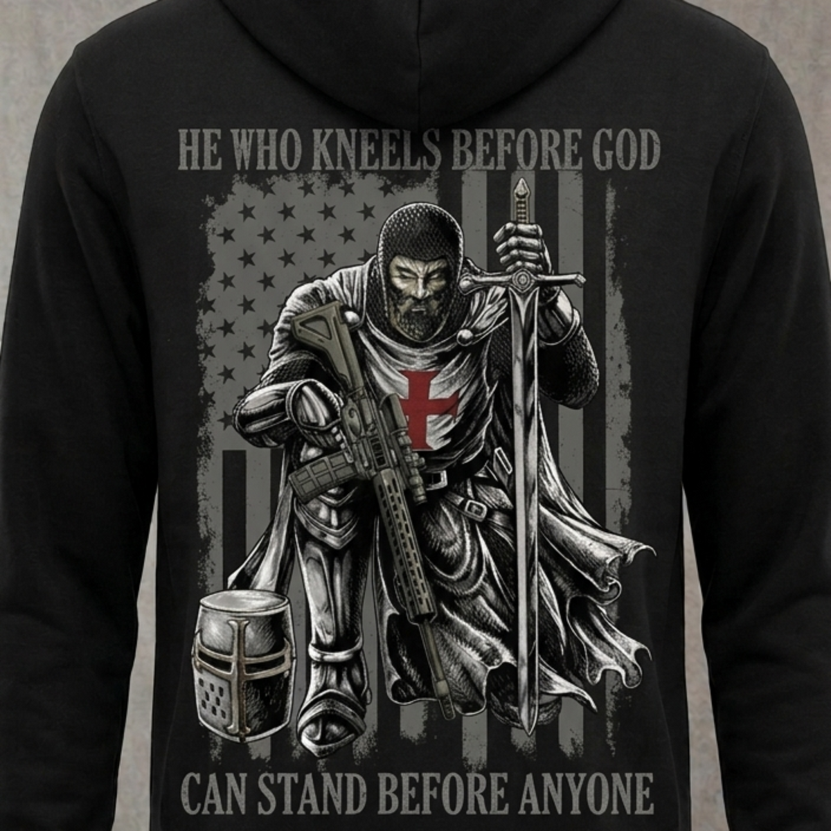 He Who Kneels Before God distressed graphic unisex hoodie in black — distressed faith and cross graphic — Reborn XII