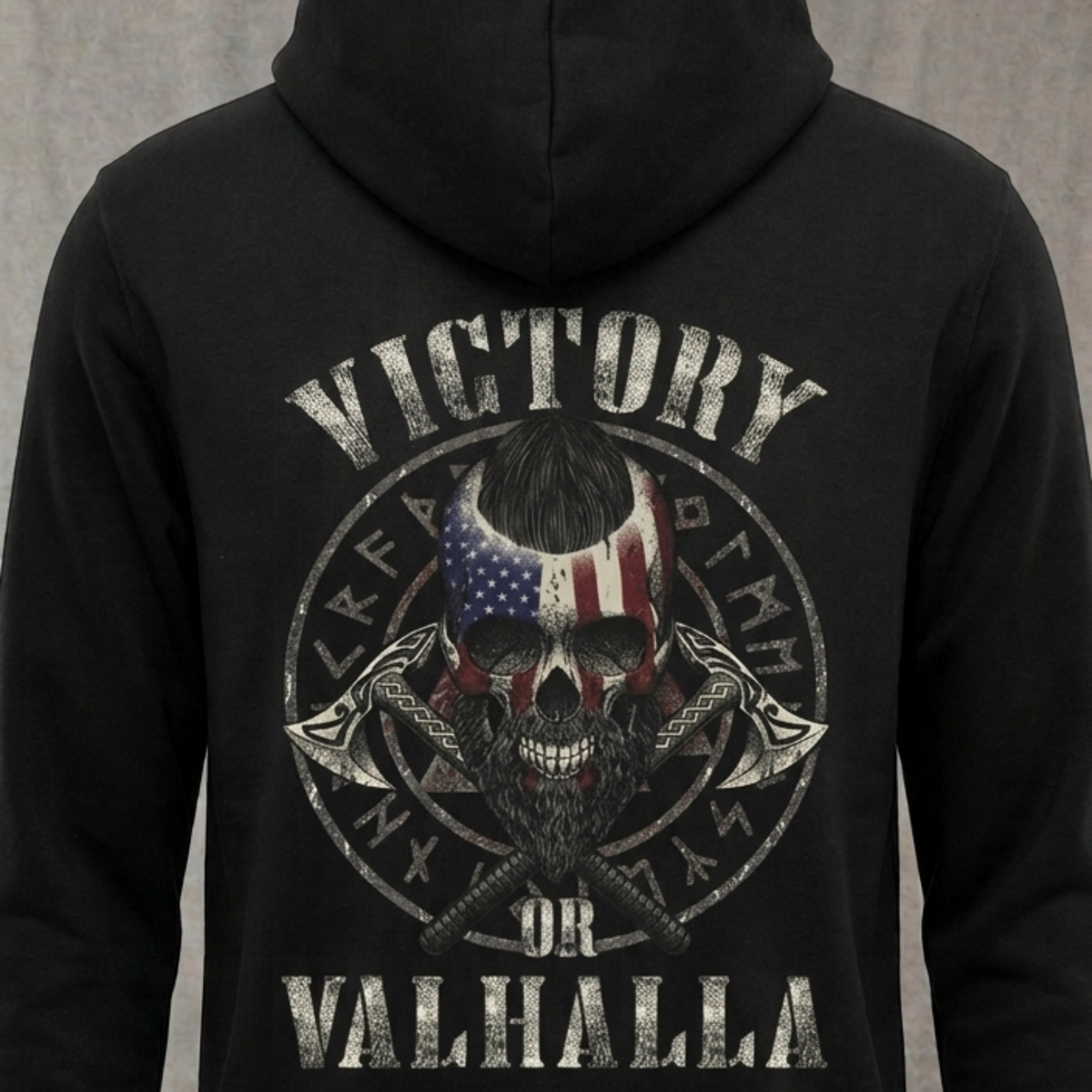 Victory Or Valhalla distressed graphic unisex hoodie in black — distressed faith and cross graphic — Reborn XII