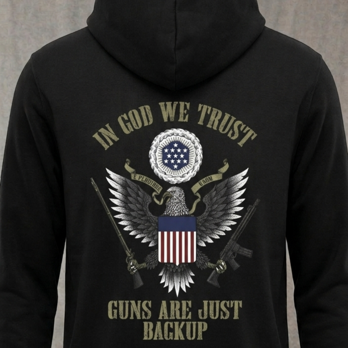 In God We Trust distressed graphic unisex hoodie in black — distressed faith and cross graphic — Reborn XII