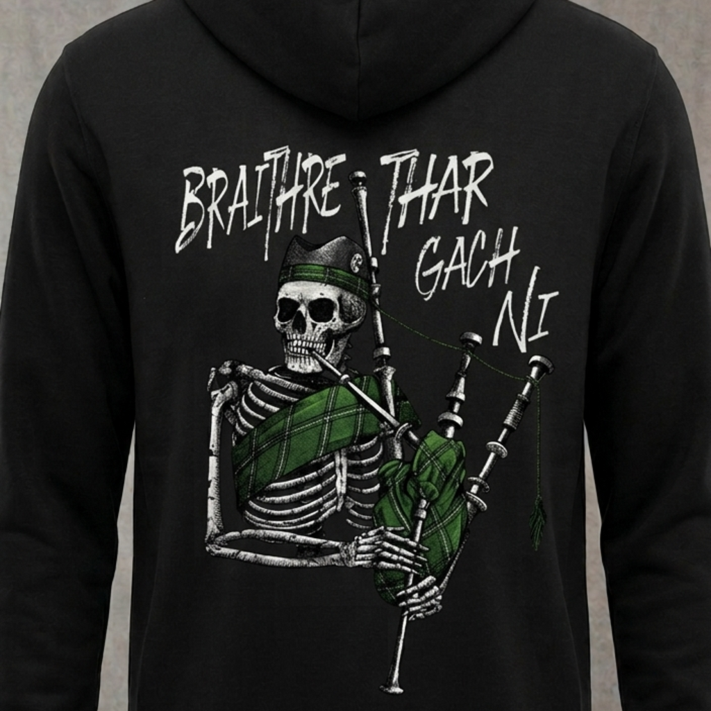 Bráithre Thar Gach Ní distressed graphic unisex hoodie in black — distressed military and American flag graphic — Reborn XII