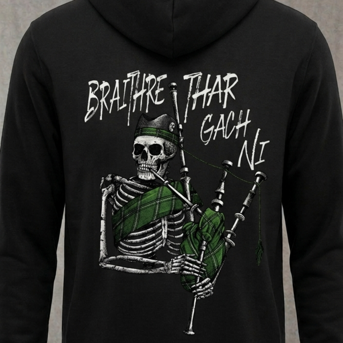 Bráithre Thar Gach Ní distressed graphic unisex hoodie in black — distressed military and American flag graphic — Reborn XII
