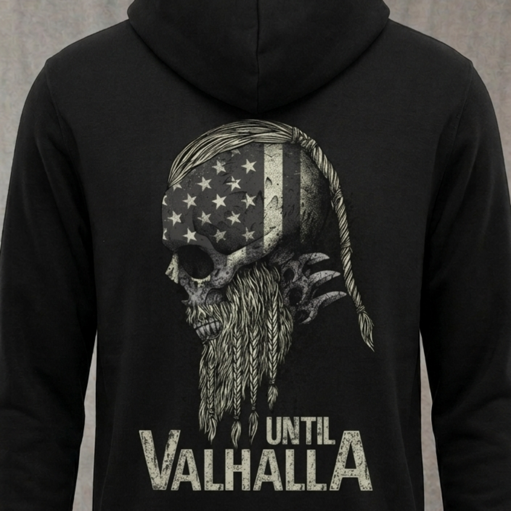 Until Valhalla distressed graphic unisex hoodie in black — distressed military and American flag graphic — Reborn XII