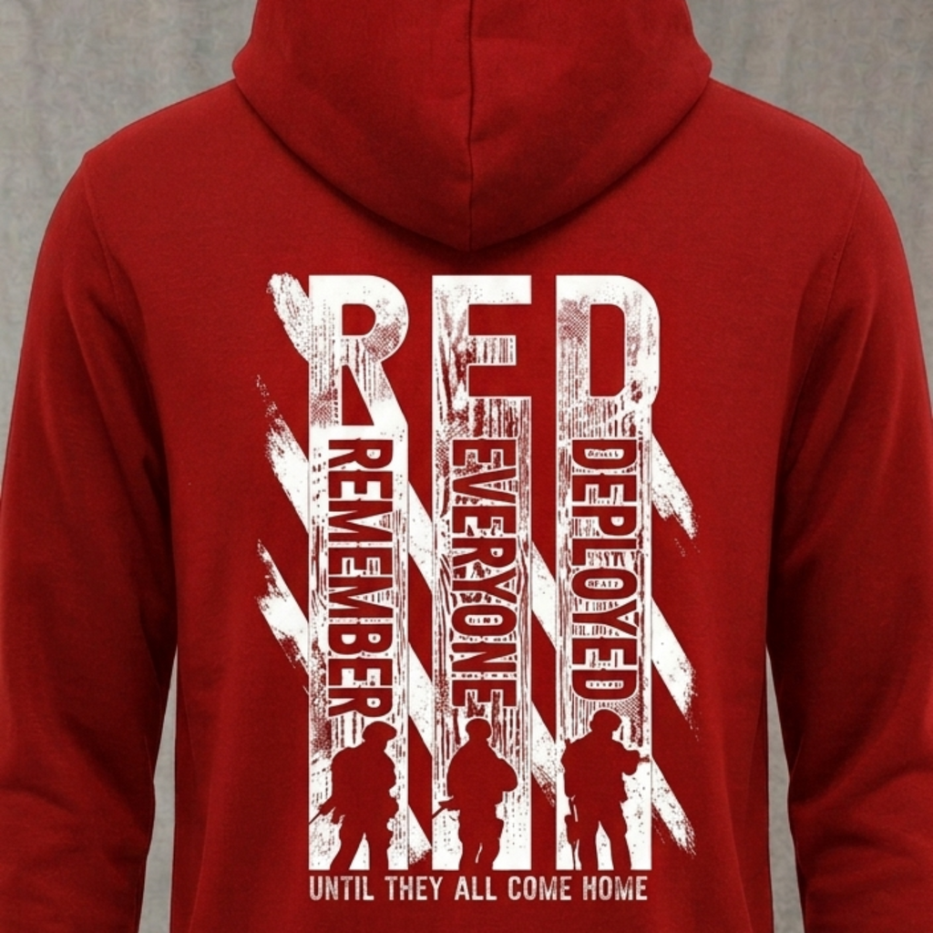 Remember Everyone Deployed distressed graphic unisex hoodie in red — distressed military and American flag graphic — Reborn XII