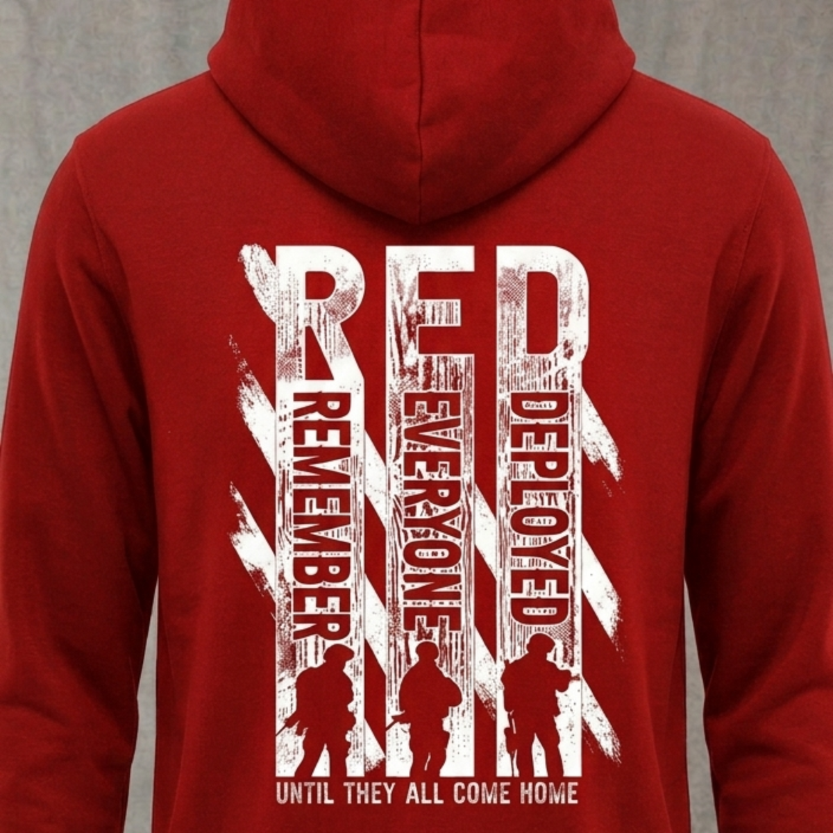 Remember Everyone Deployed distressed graphic unisex hoodie in red — distressed military and American flag graphic — Reborn XII