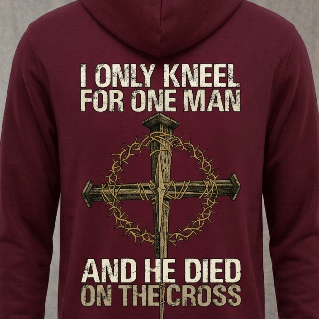 Only Kneel For One distressed graphic unisex hoodie in black — distressed faith and cross graphic — Reborn XII