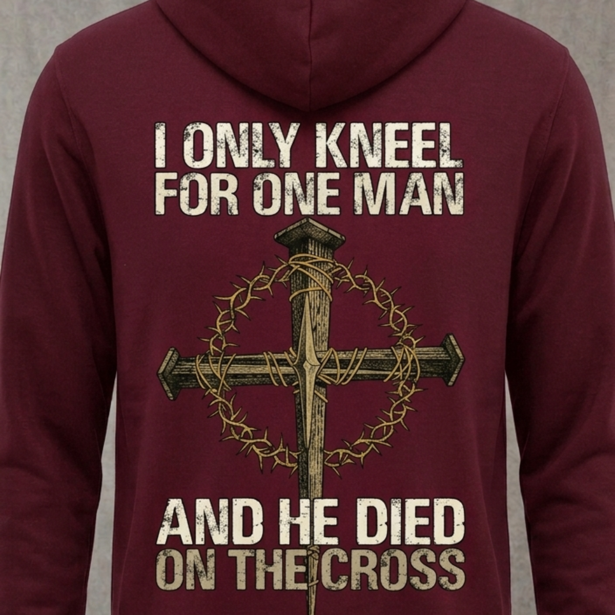 Only Kneel For One distressed graphic unisex hoodie in black — distressed faith and cross graphic — Reborn XII