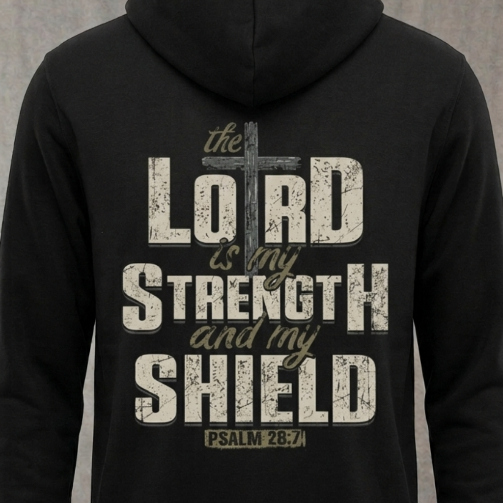 The Lord Is My Shield distressed graphic unisex hoodie in black — distressed faith and cross graphic — Reborn XII