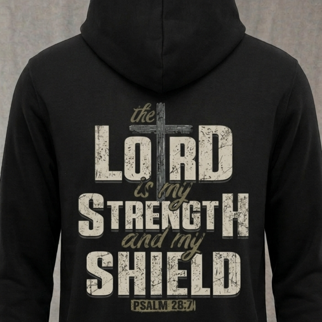 Lord Is My Strength distressed graphic unisex hoodie in black — distressed faith and cross graphic — Reborn XII