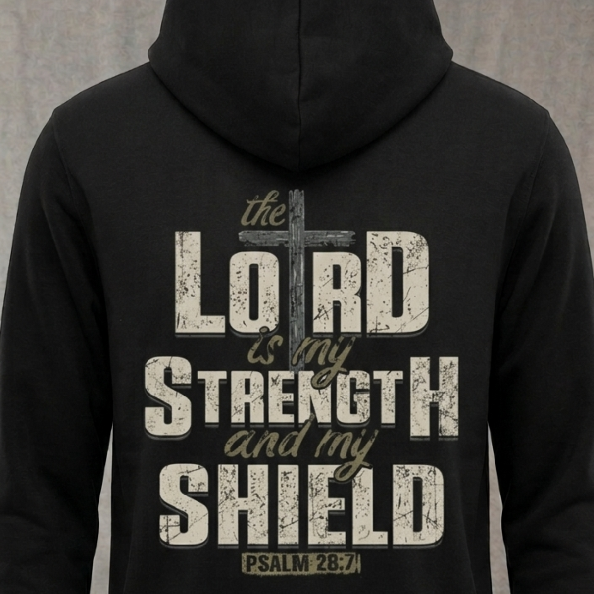 Lord Is My Strength distressed graphic unisex hoodie in black — distressed faith and cross graphic — Reborn XII
