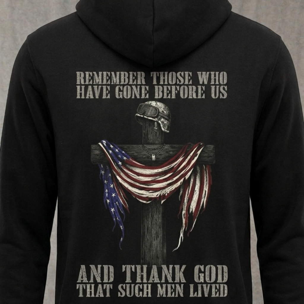 Remember Those Before Us distressed graphic unisex hoodie in black — distressed faith and cross graphic — Reborn XII