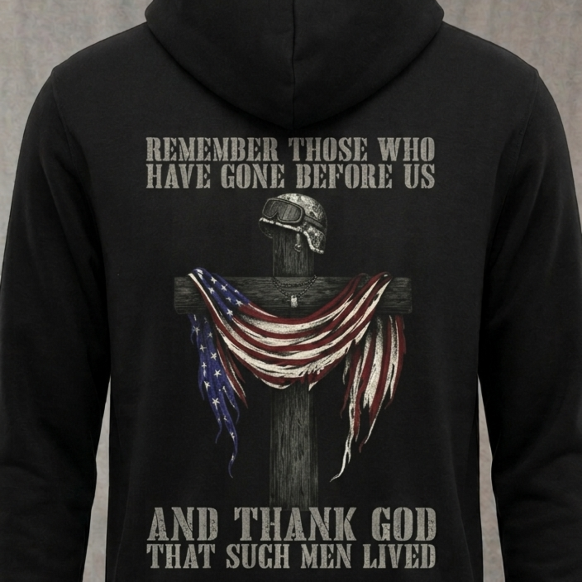 Remember Those Before Us distressed graphic unisex hoodie in black — distressed faith and cross graphic — Reborn XII