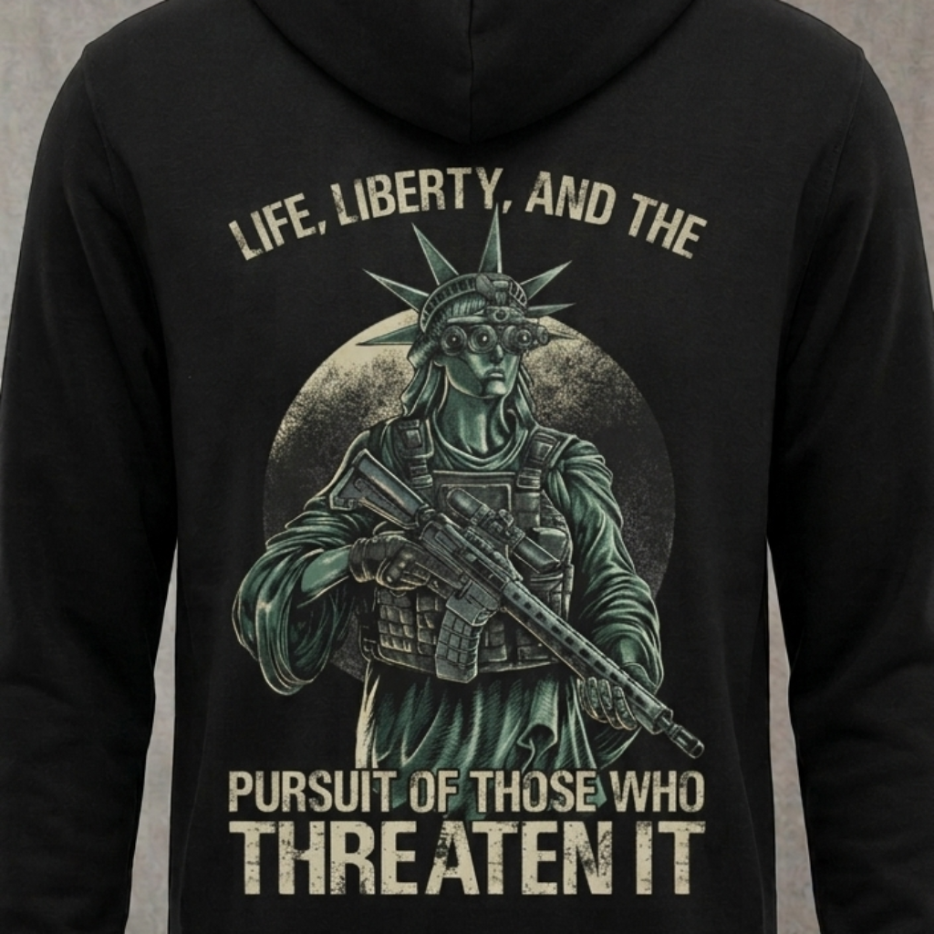 Tactical Liberty distressed graphic unisex hoodie in black — distressed patriotic firearms graphic — Reborn XII