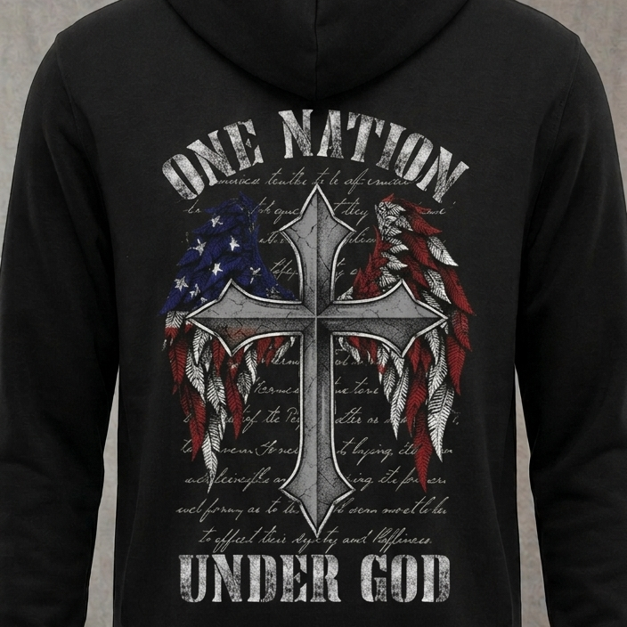 One Nation Under God distressed graphic unisex hoodie in black — distressed faith and cross graphic — Reborn XII