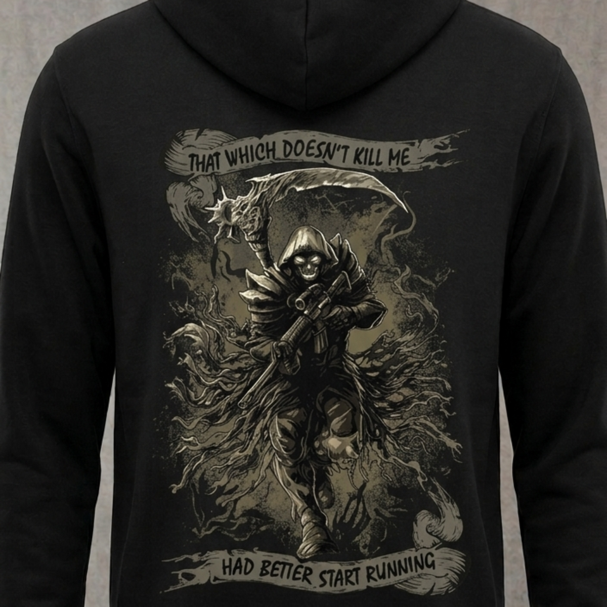 Fear The Reaper distressed graphic unisex hoodie in black — distressed military and American flag graphic — Reborn XII