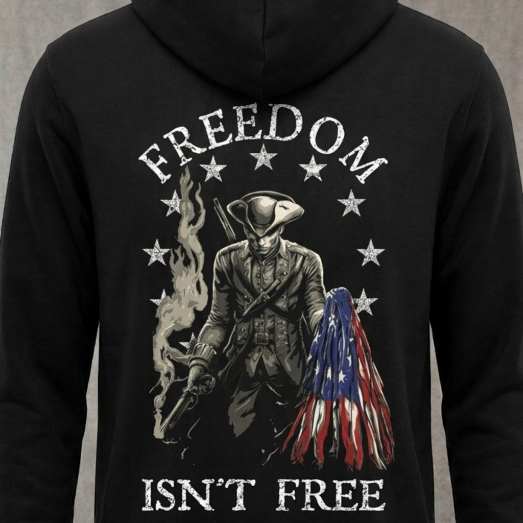 Freedom Isn't Free distressed graphic unisex hoodie in black — distressed military and American flag graphic — Reborn XII