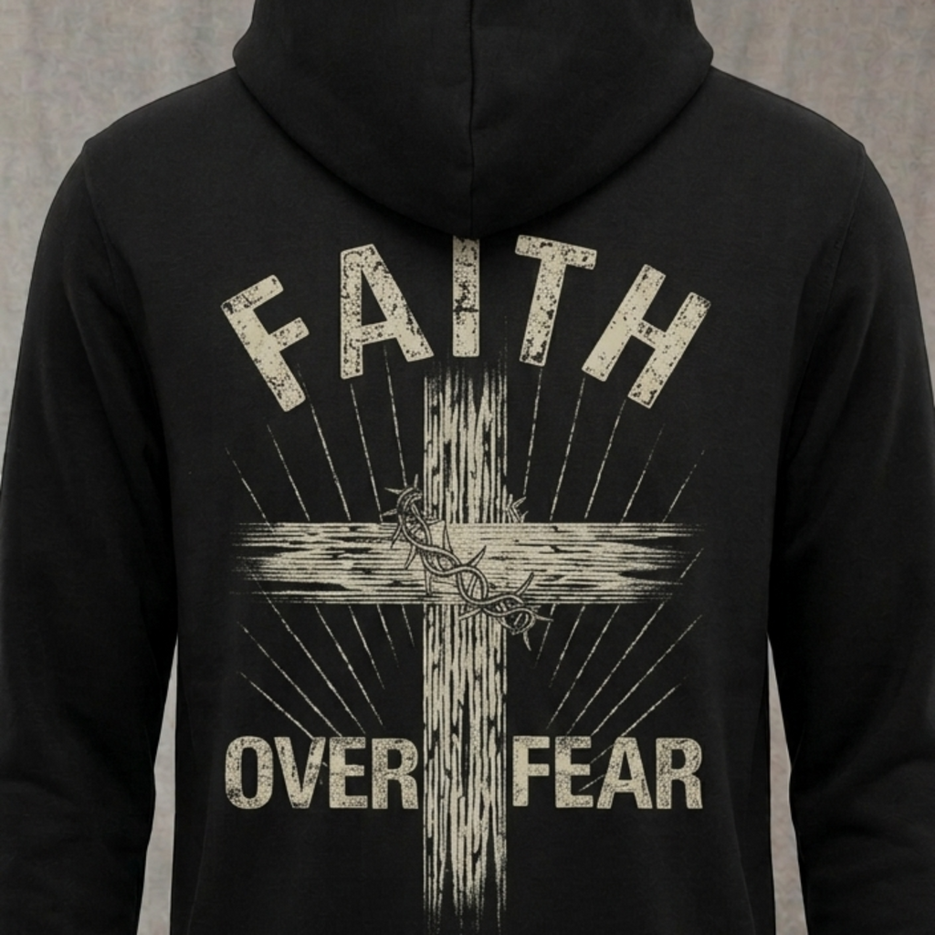 Faith Over Fear distressed graphic unisex hoodie in black — distressed faith and cross graphic — Reborn XII