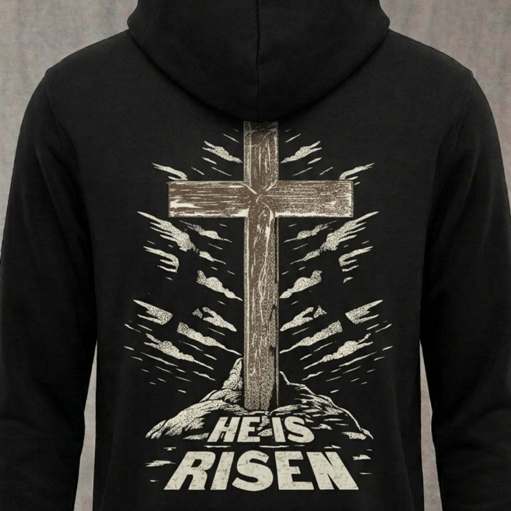He Is Risen distressed graphic unisex hoodie in black — distressed faith and cross graphic — Reborn XII