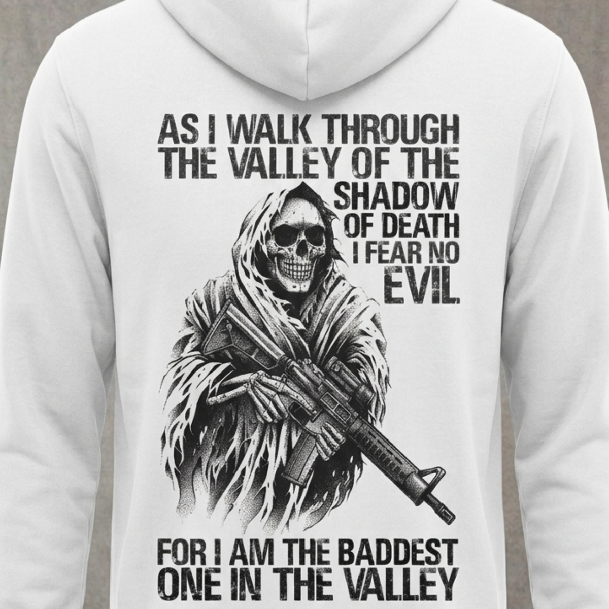 Baddest In The Valley distressed graphic unisex hoodie in black — distressed patriotic firearms graphic — Reborn XII