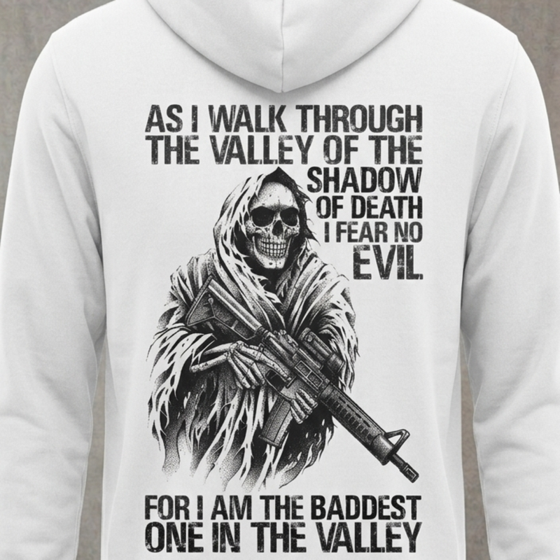 Baddest In The Valley distressed graphic unisex hoodie in black — distressed patriotic firearms graphic — Reborn XII