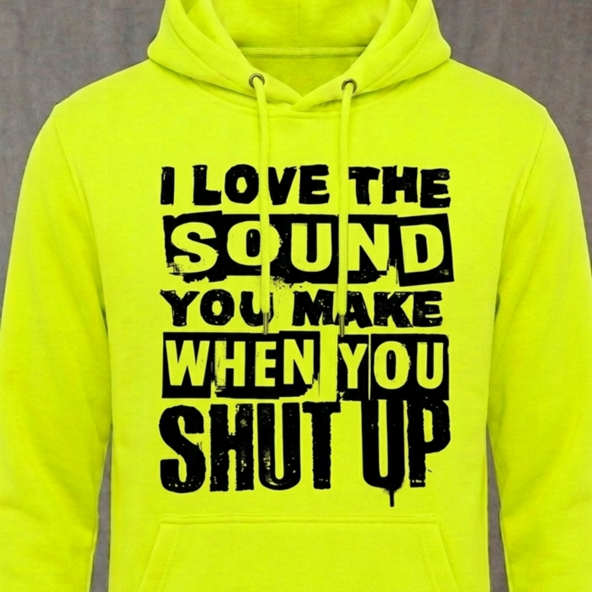 I Love The Sound distressed graphic unisex hoodie in safety green — bold blue-collar work graphic — Reborn XII