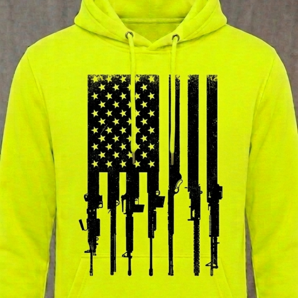 Flag With Gun Stripes distressed graphic unisex hoodie in safety green — distressed patriotic firearms graphic — Reborn XII