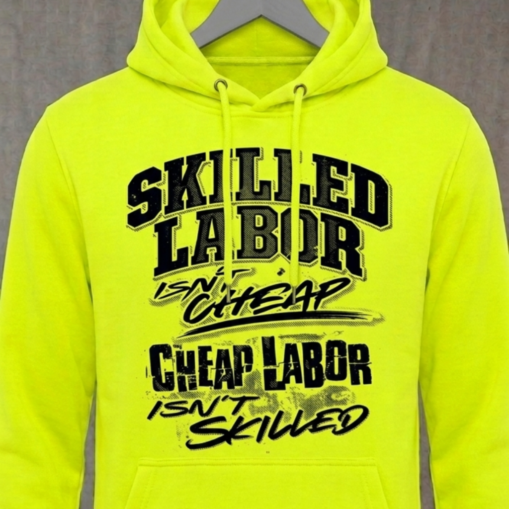 Skilled Labor distressed graphic unisex hoodie in safety green — funny dad graphic — Reborn XII