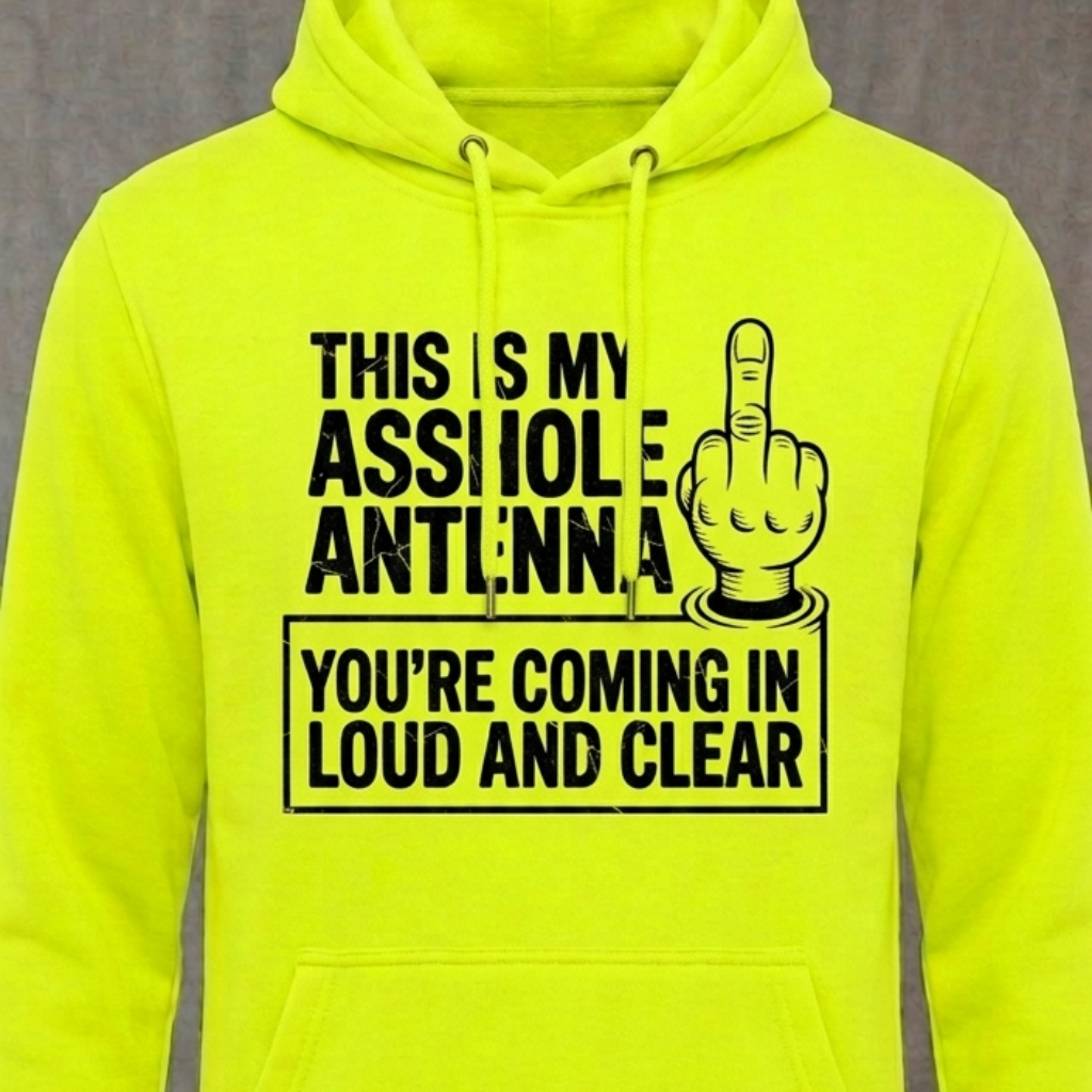This Is My Antenna distressed graphic unisex hoodie in safety green — bold blue-collar work graphic — Reborn XII