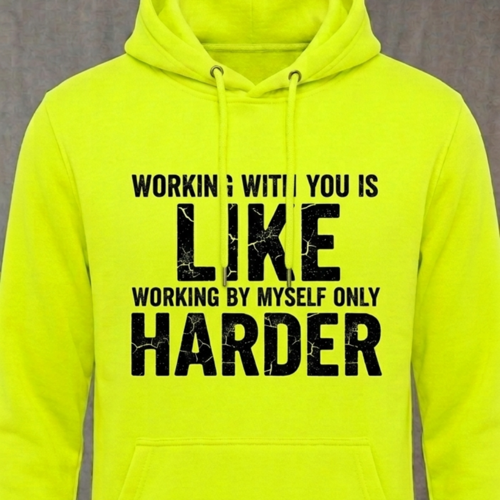 Working With You distressed graphic unisex hoodie in safety green — bold blue-collar work graphic — Reborn XII