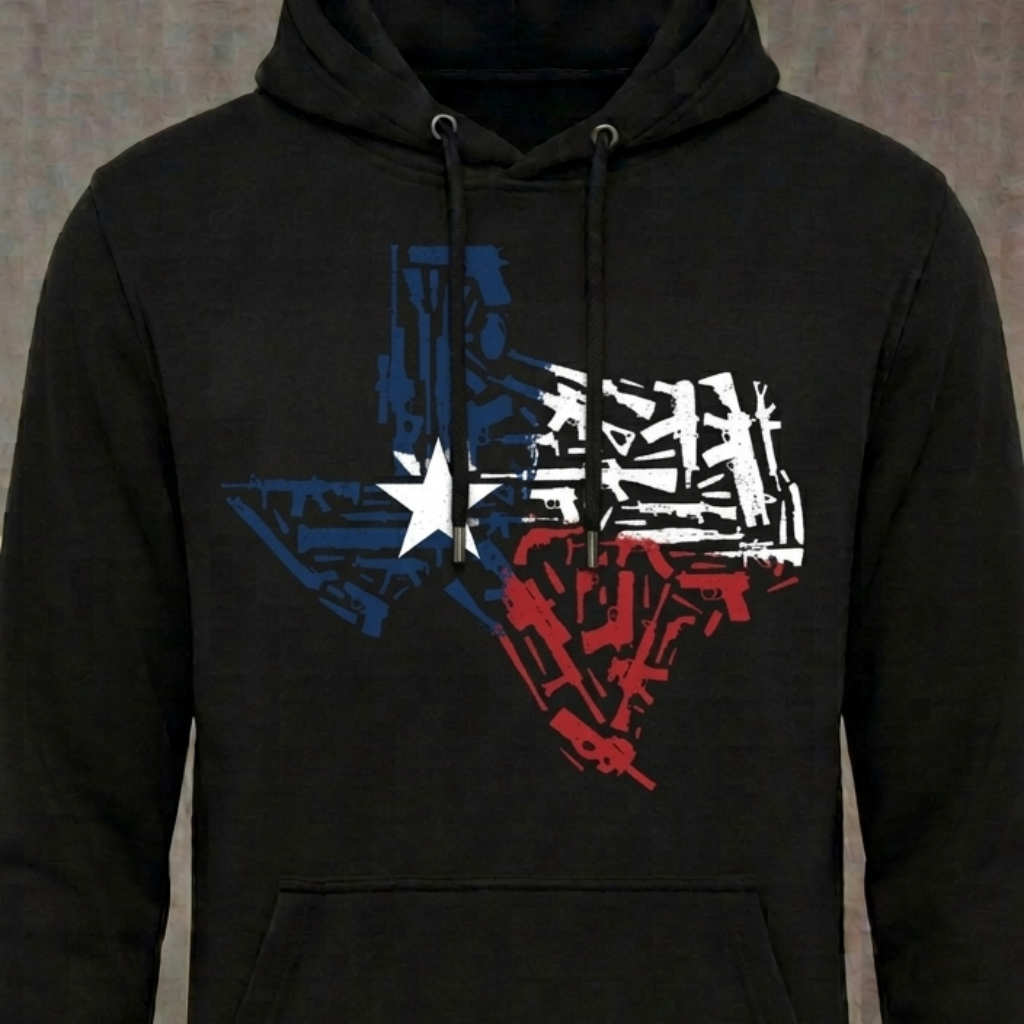 Texas Territory distressed graphic unisex hoodie in black — distressed patriotic firearms graphic — Reborn XII