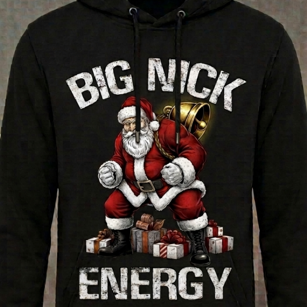 Big Nick Energy distressed graphic unisex hoodie in black — bold Christmas graphic — Reborn XII