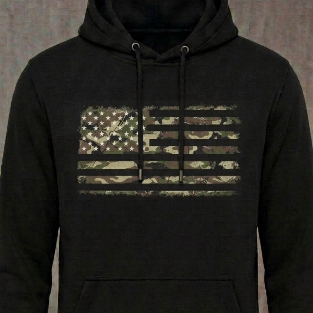 Camo Freedom distressed graphic unisex hoodie in camouflage — distressed military and American flag graphic — Reborn XII