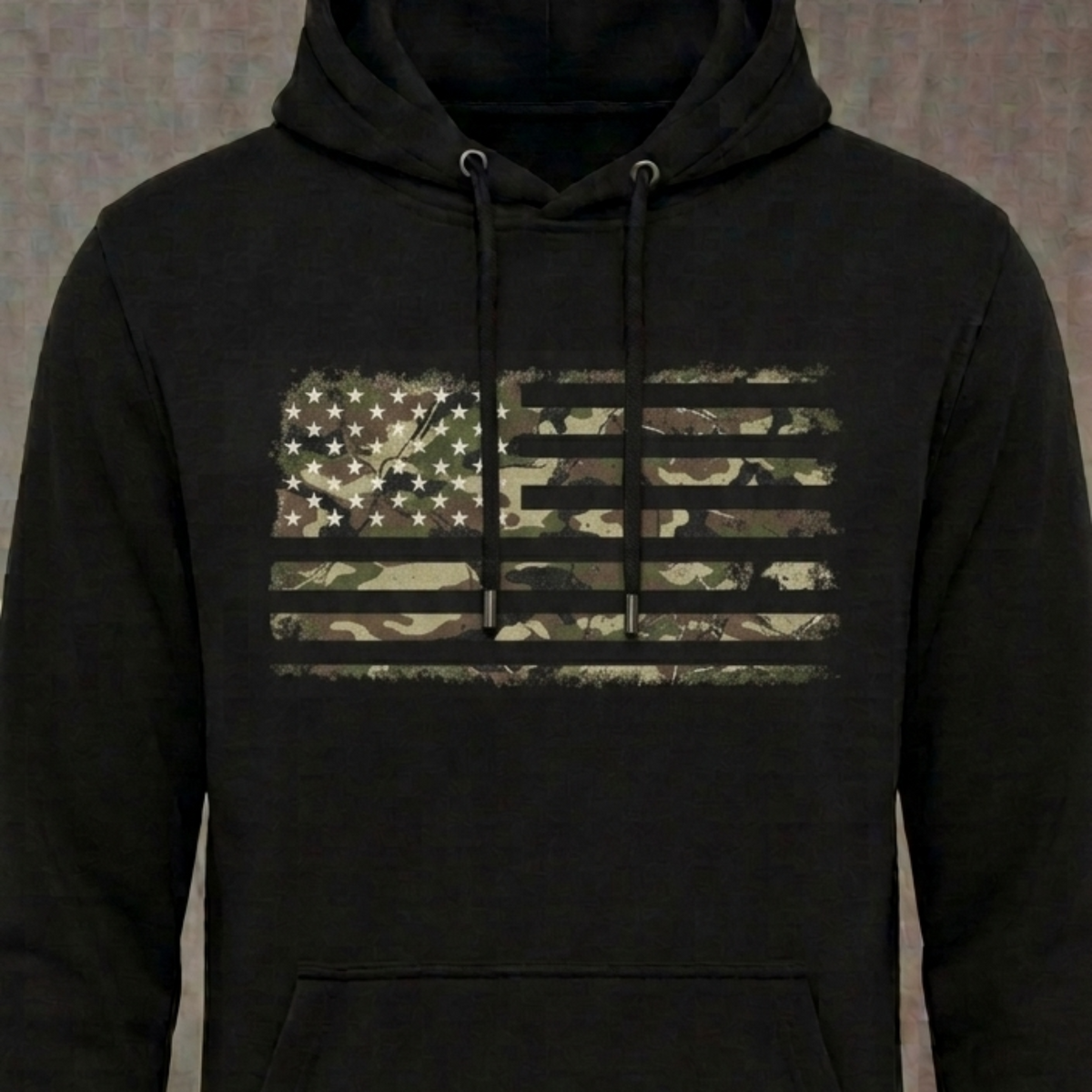 Camo Freedom distressed graphic unisex hoodie in camouflage — distressed military and American flag graphic — Reborn XII