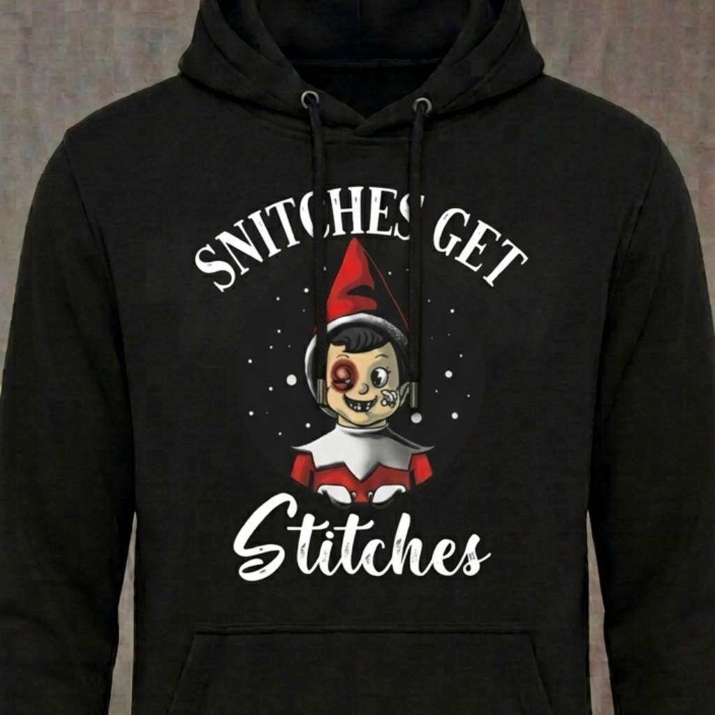 Snitches Get Stitches distressed graphic unisex hoodie in black — bold Christmas graphic — Reborn XII