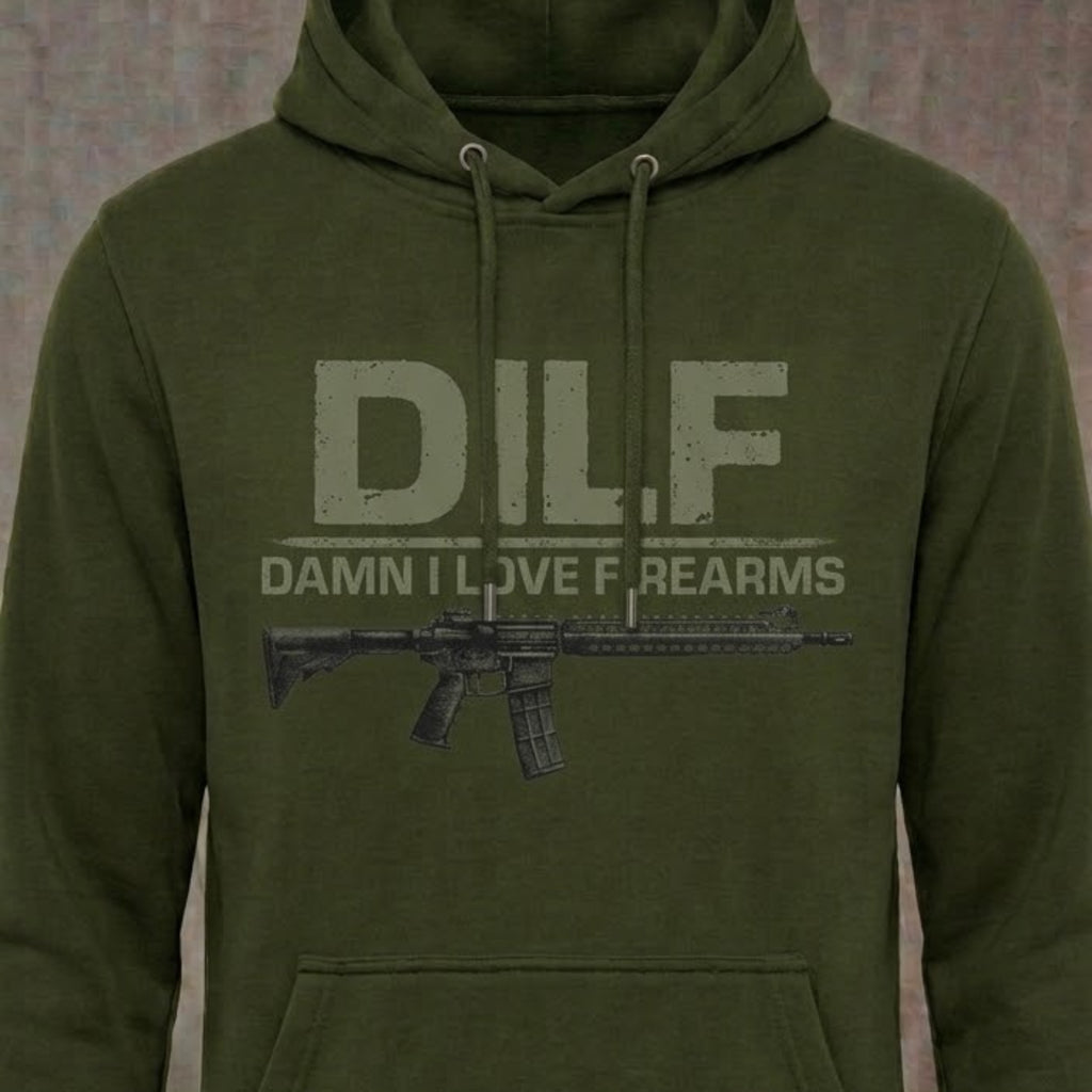 Damn I Love Firearms distressed graphic unisex hoodie in olive — distressed patriotic firearms graphic — Reborn XII
