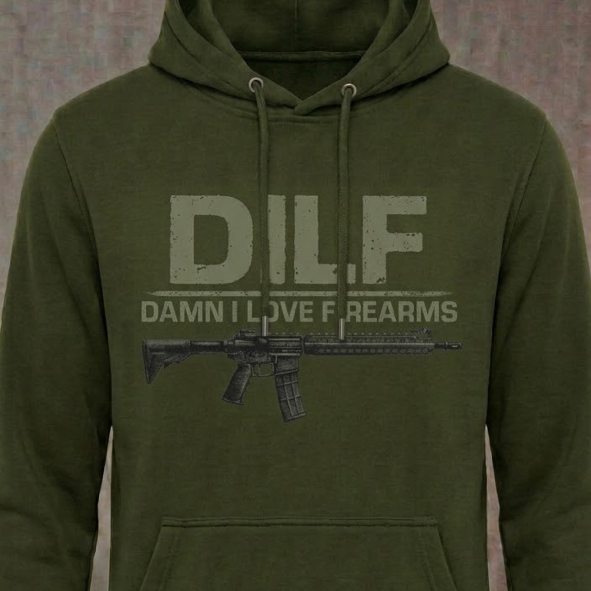 Damn I Love Firearms distressed graphic unisex hoodie in olive — distressed patriotic firearms graphic — Reborn XII