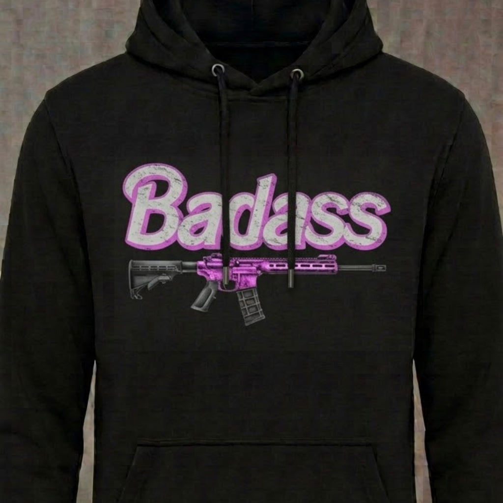 Badass Woman distressed graphic unisex hoodie in black — bold women’s empowerment graphic — Reborn XII