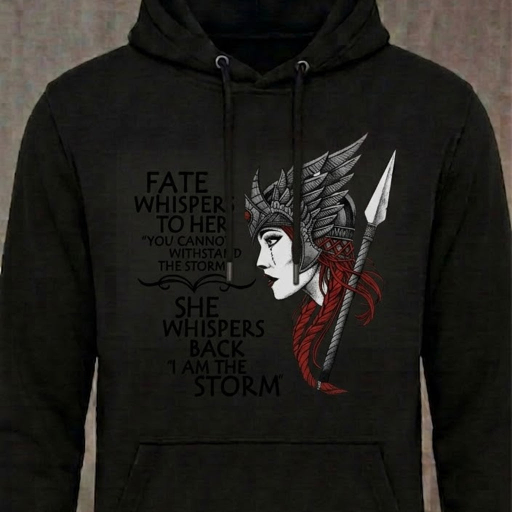 I Am The Storm distressed graphic unisex hoodie in black — bold women’s empowerment graphic — Reborn XII