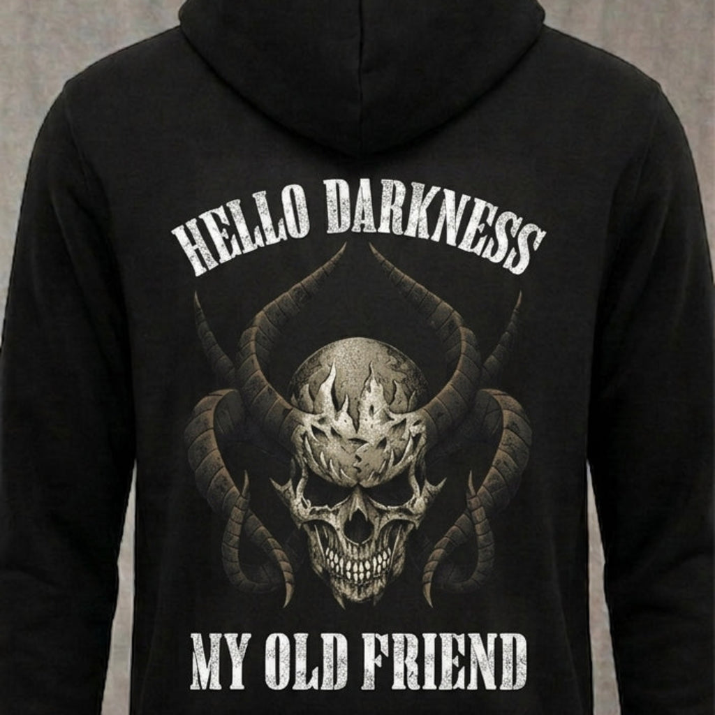 Hello Darkness distressed graphic unisex hoodie in black — distressed skull graphic — Reborn XII