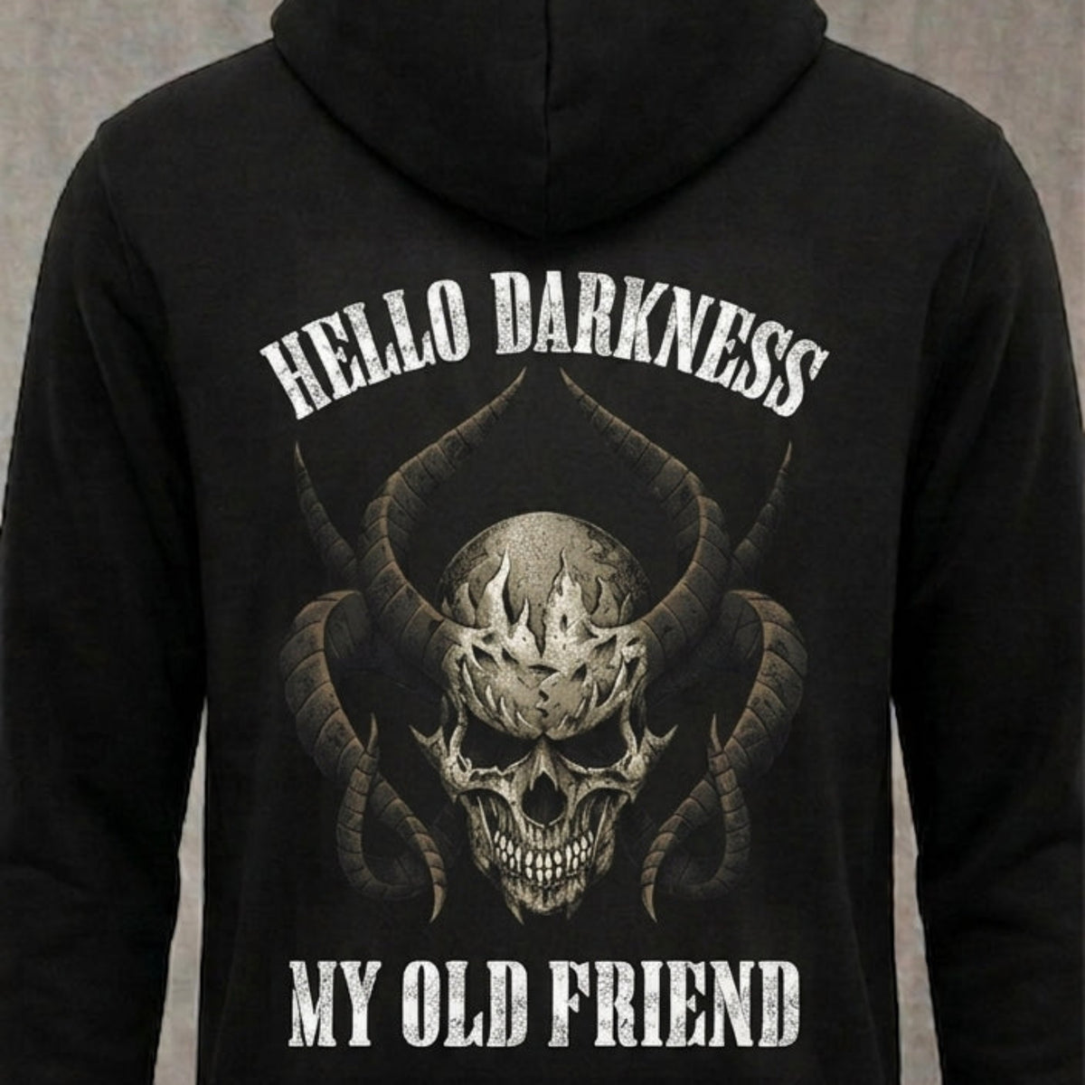 Hello Darkness distressed graphic unisex hoodie in black — distressed skull graphic — Reborn XII