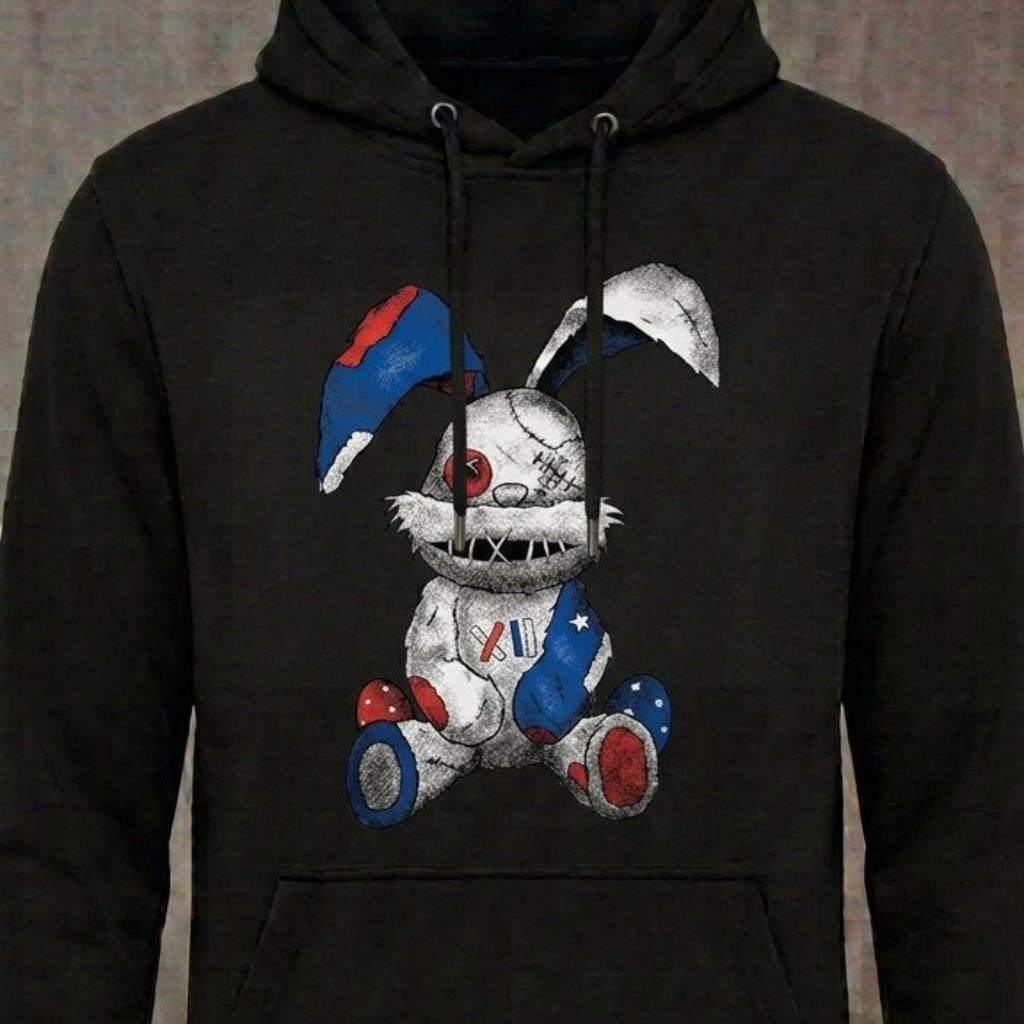 Stitched Bunny distressed graphic unisex hoodie in black — bold blue-collar work graphic — Reborn XII