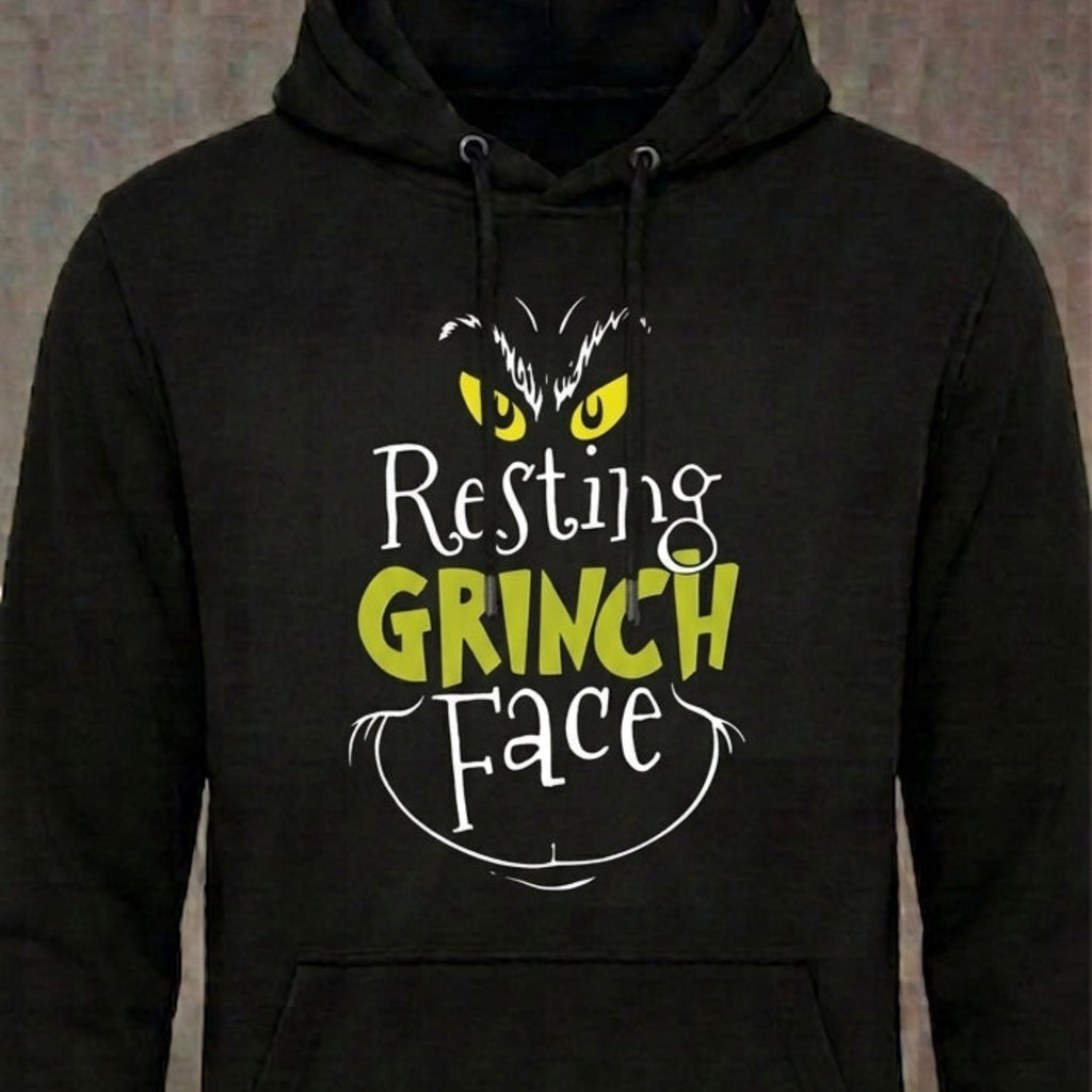 Resting Grinch Face distressed graphic unisex hoodie in black — bold Christmas graphic — Reborn XII