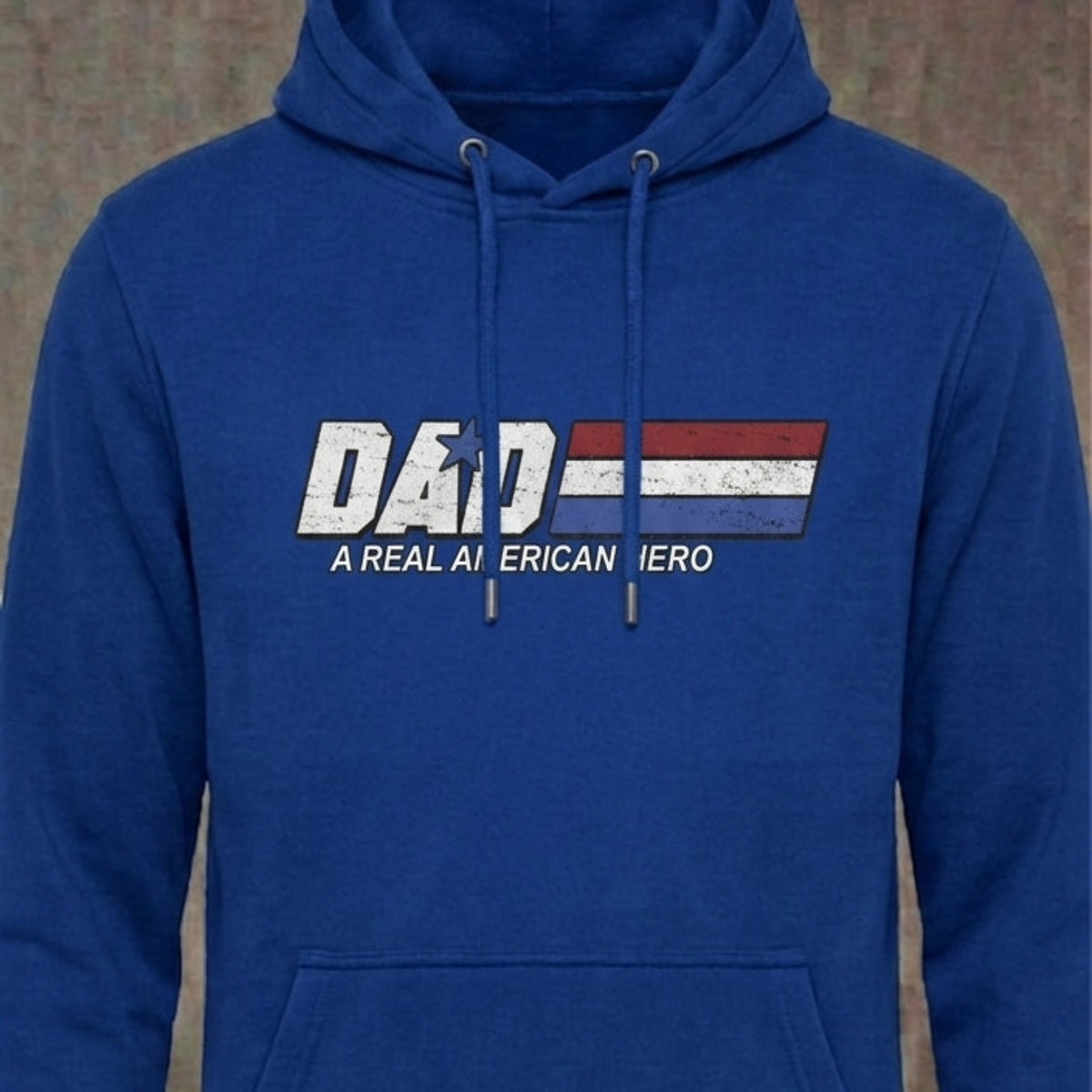 Dad - A Real American Hero distressed graphic unisex hoodie in black — distressed military and American flag graphic — Reborn XII