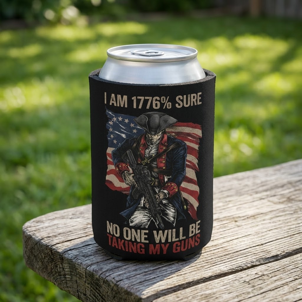 1776% Sure - Can Cooler 6-Pack — foam can cooler with patriotic firearms graphic — Reborn XII
