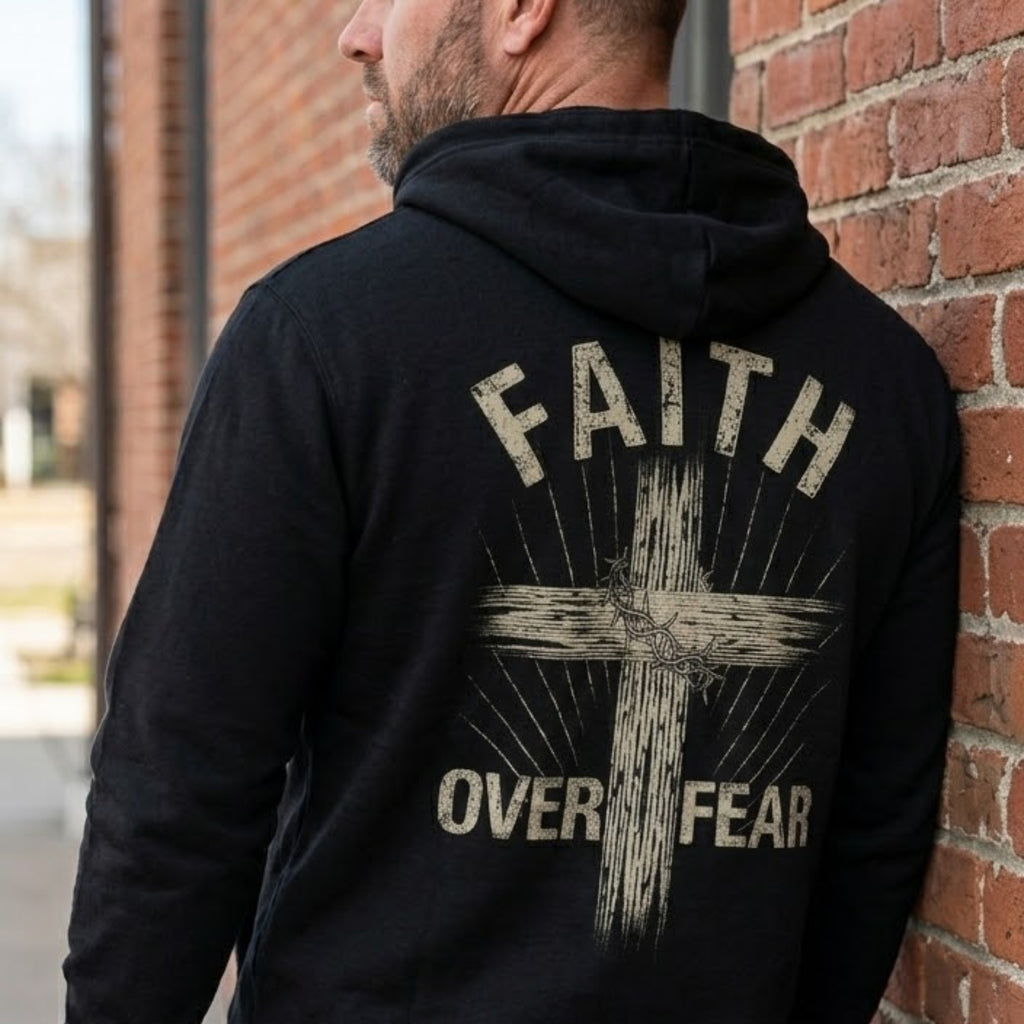 Faith Over Fear distressed graphic unisex hoodie - view 2 - Reborn XII